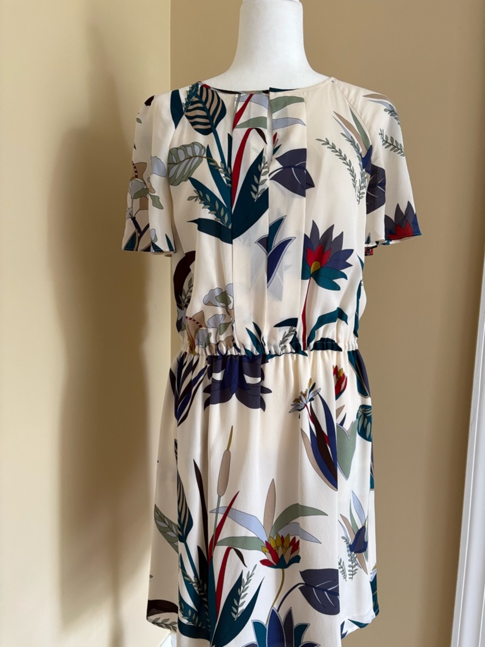 Tory Burch Cream Floral-Print Short Dress with Teal & Navy Accents